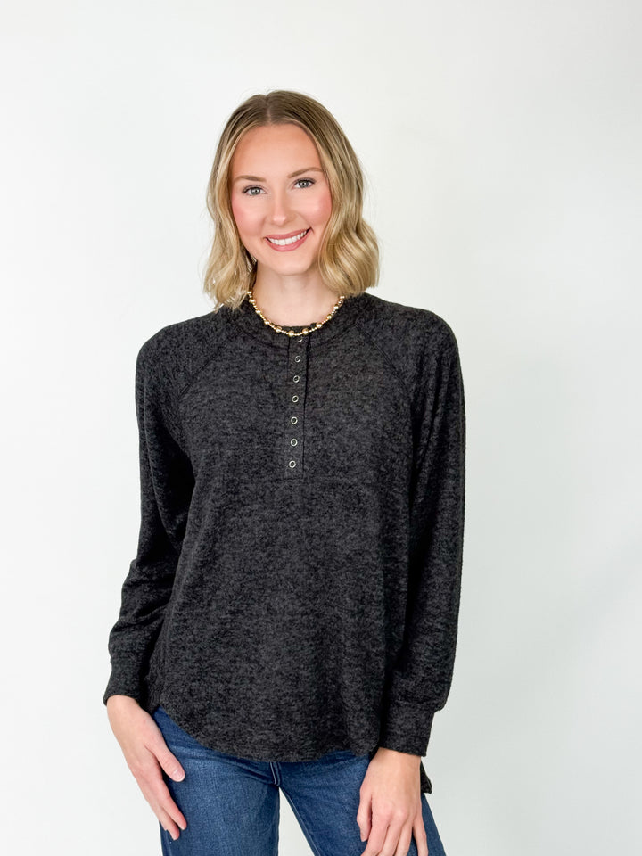 Britt - Brushed Henley Long Sleeve Top (Black)