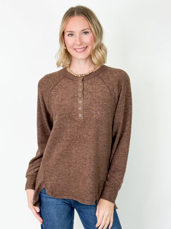 Britt - Brushed Henley Long Sleeve Top (Brown)