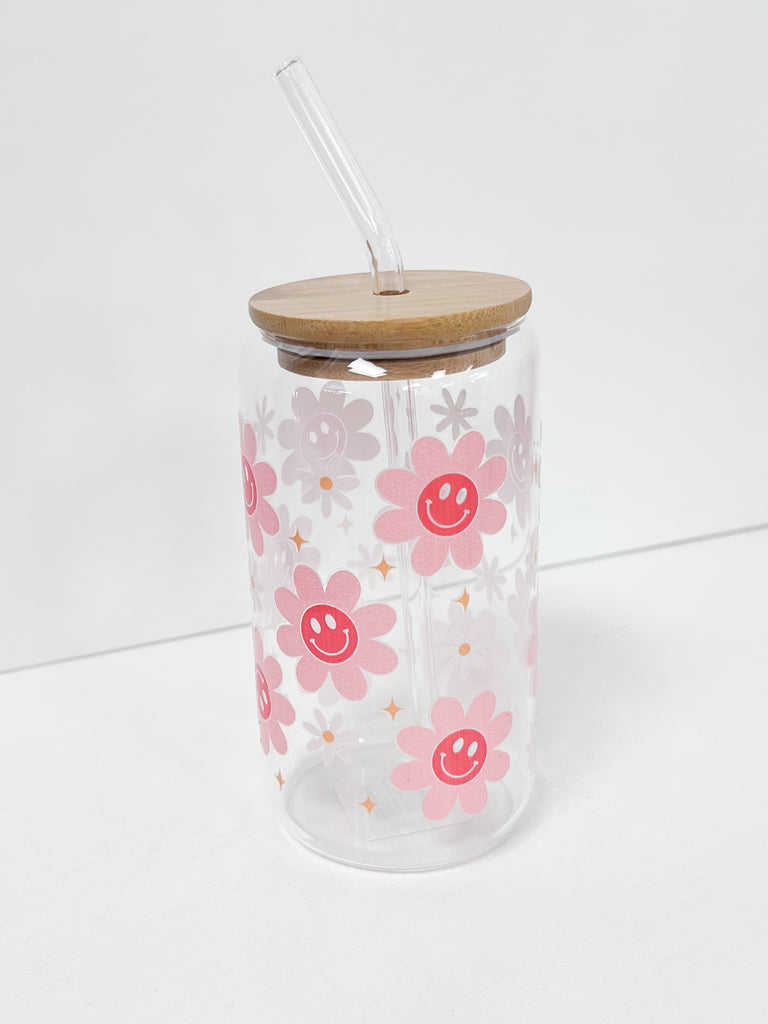 Drinking Glass 16 oz. - Smiley Face Flowers