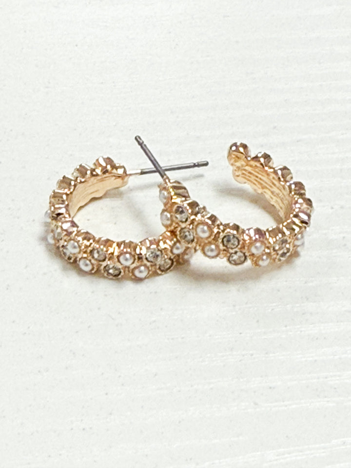 Megan - Rhinestone + Pearl Hoop Earrings