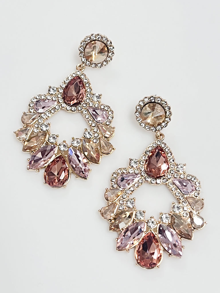 Raely - Rhinestone Statement Drop Earrings (Champagne/Pink)