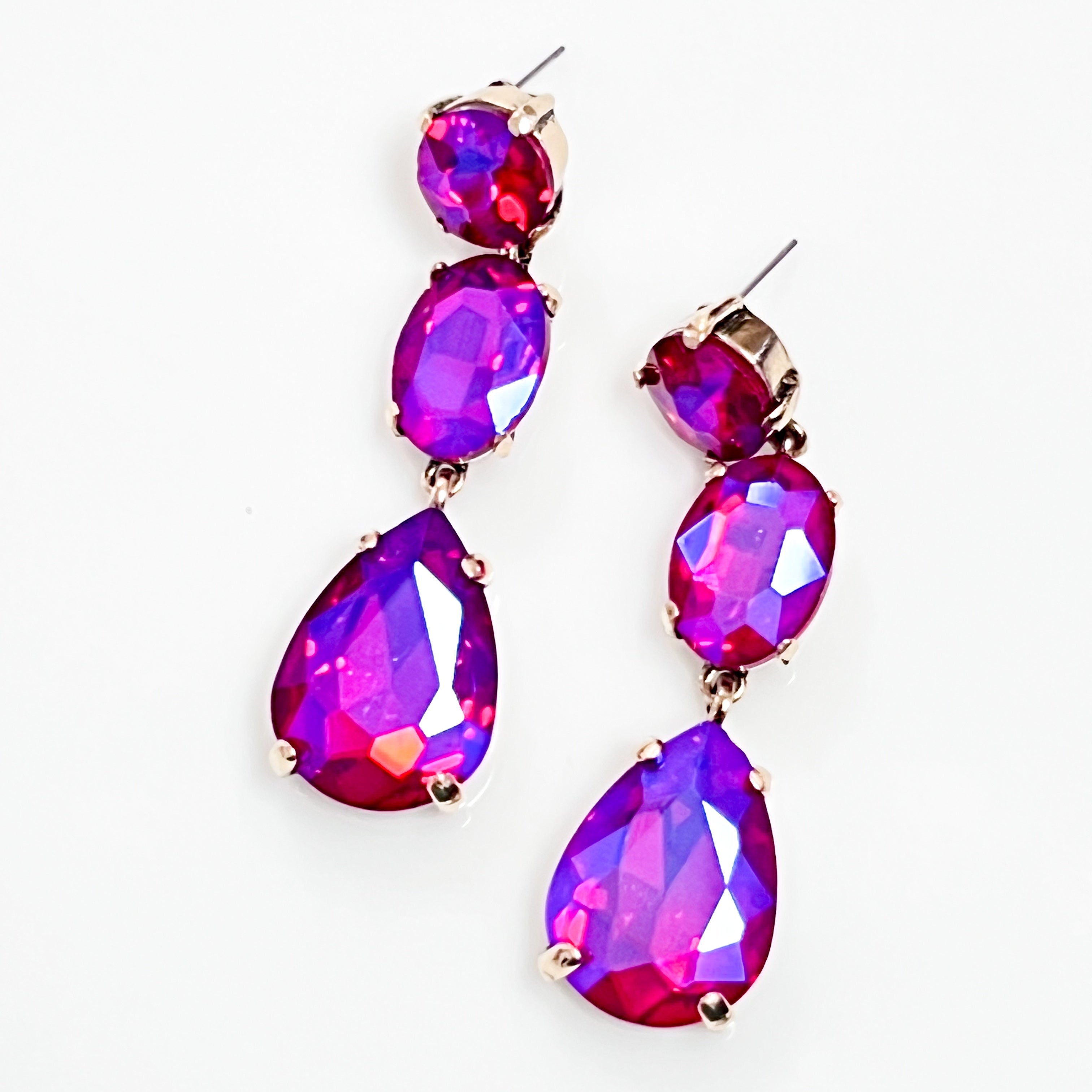 Wendy - Tiered Rhinestone Statement Earrings (Iridescent Fuschia)
