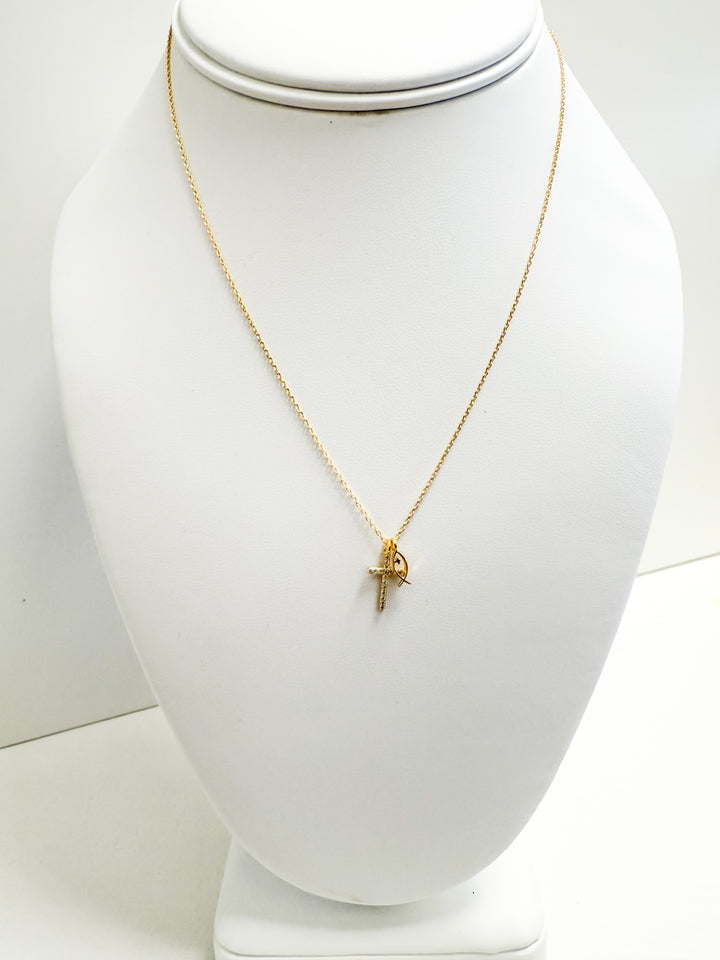 Taylor - Gold Dainty Rhinestone Cross + Ichthus Necklace