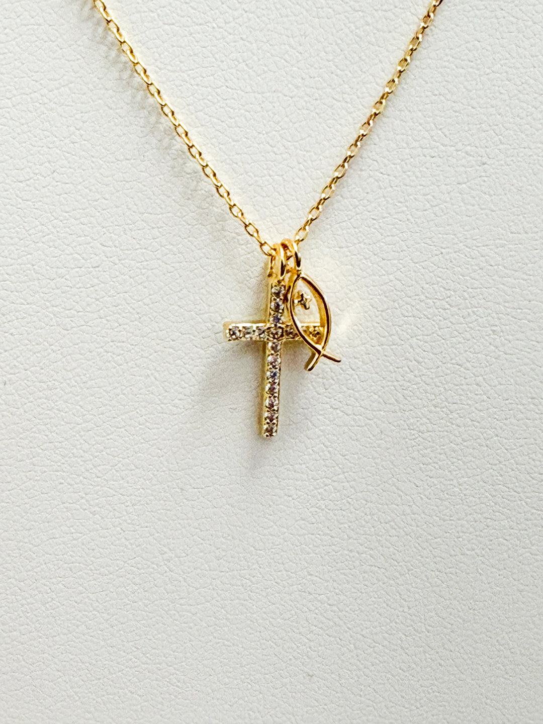 Taylor - Gold Dainty Rhinestone Cross + Ichthus Necklace