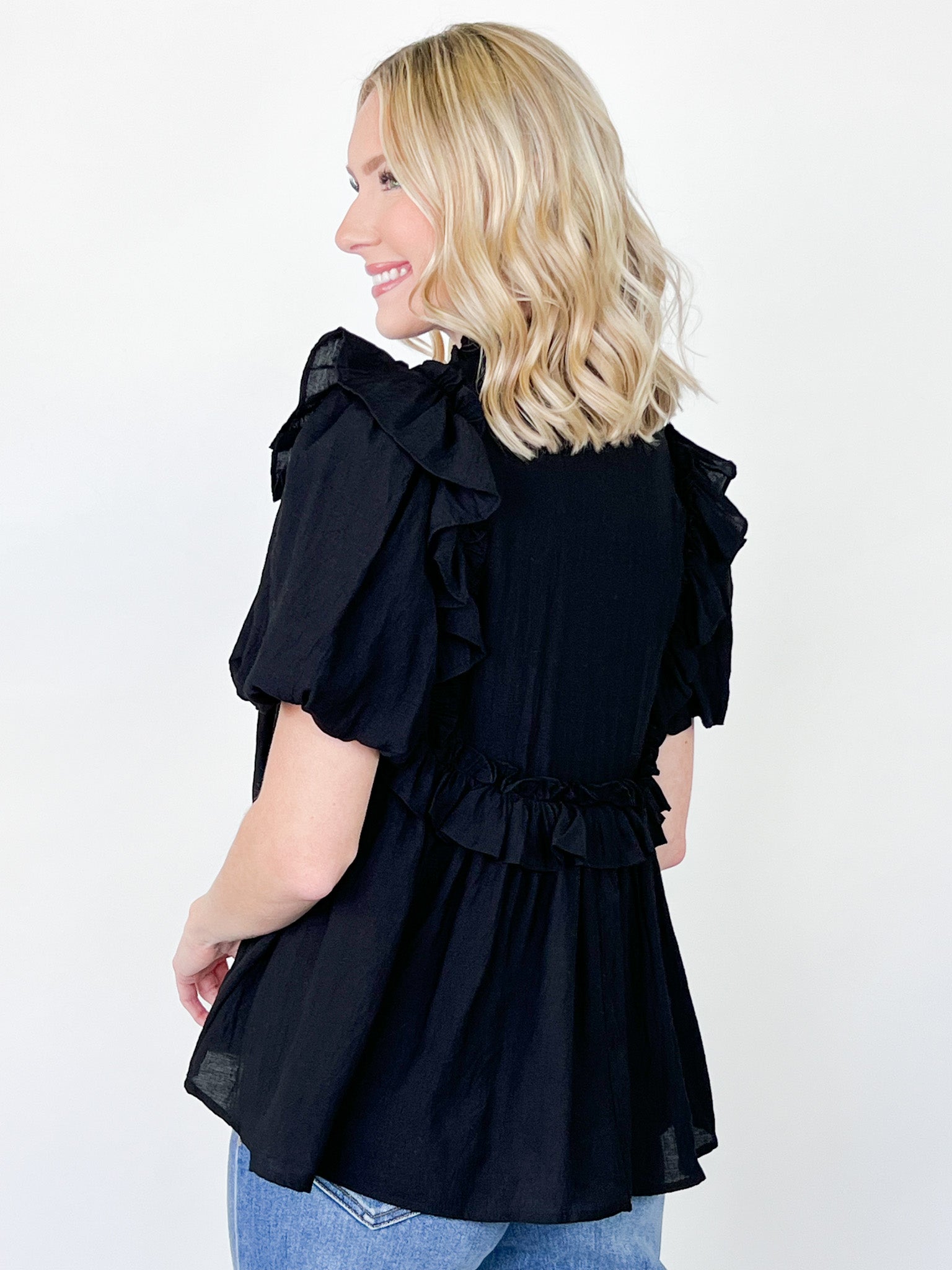 Presley - Black Ruffle Detail Blouse