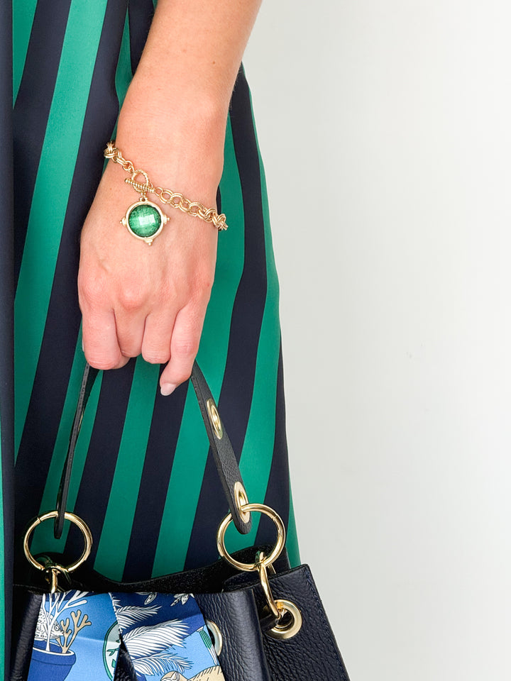 Glass Faceted Gold Link Chain Bracelet (Emerald)