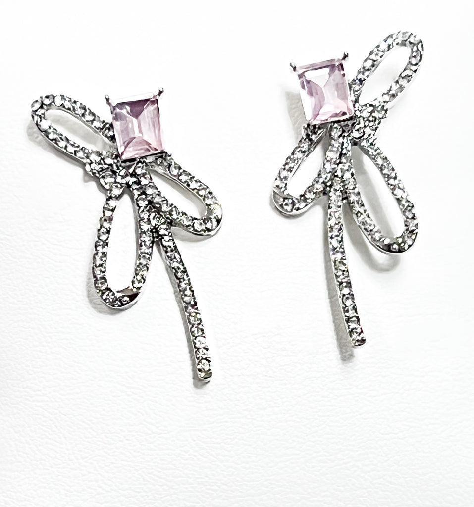 Mary - Rhinestone Bow Earrings w/ Pink Radiant Stone