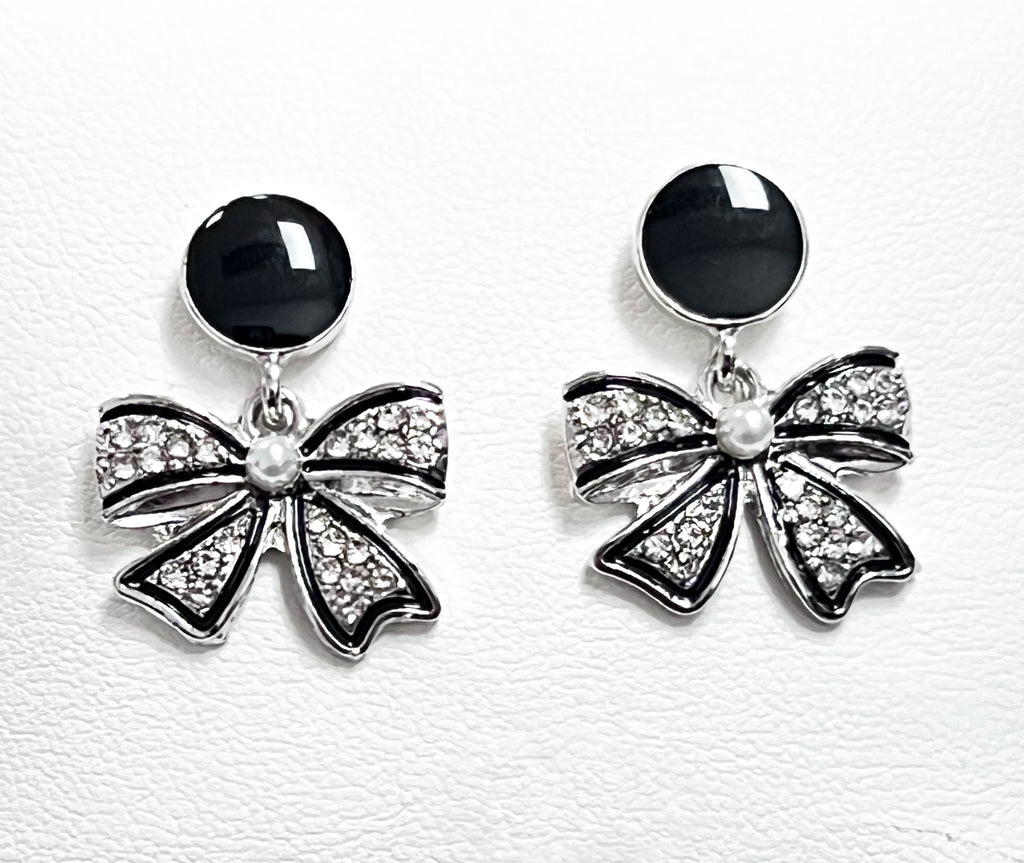 Izzy - Rhinestone Bow Earrings w/ Black Enamel (Silver)