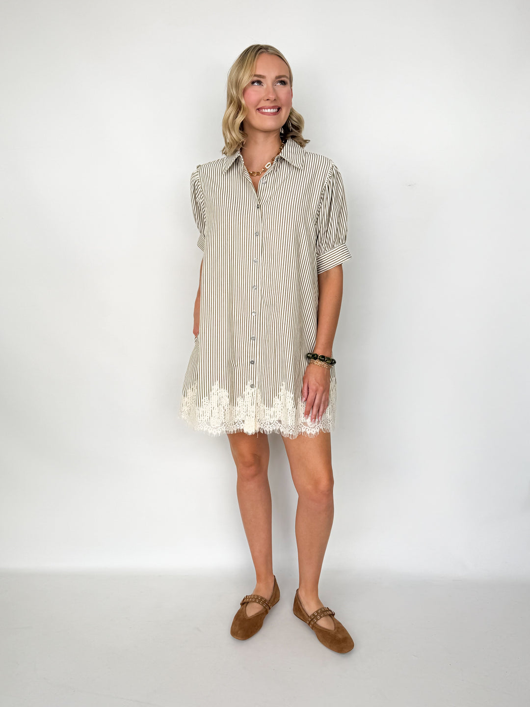Mandi - Olive Striped Dress w/ Lace Trim