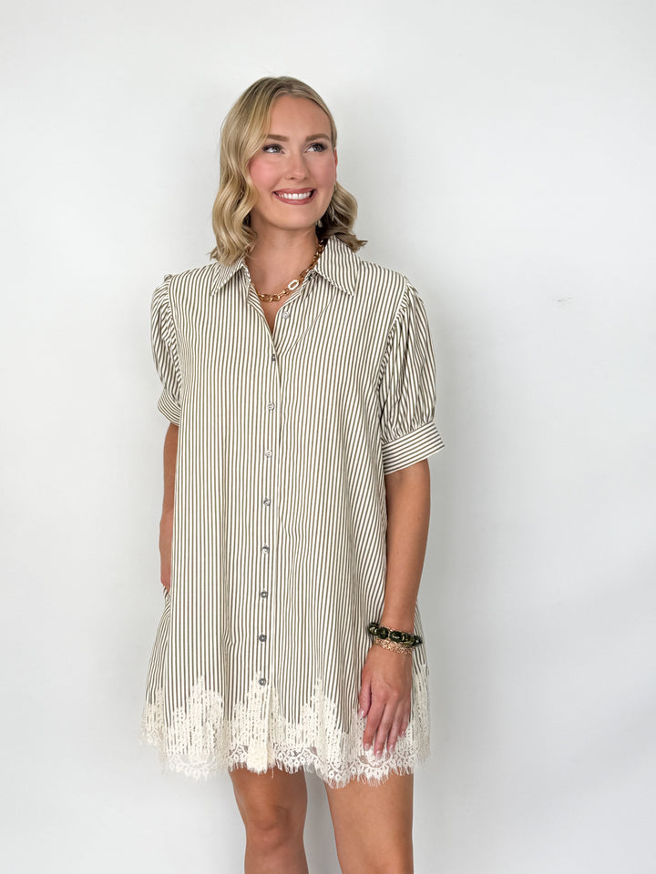 Mandi - Olive Striped Dress w/ Lace Trim