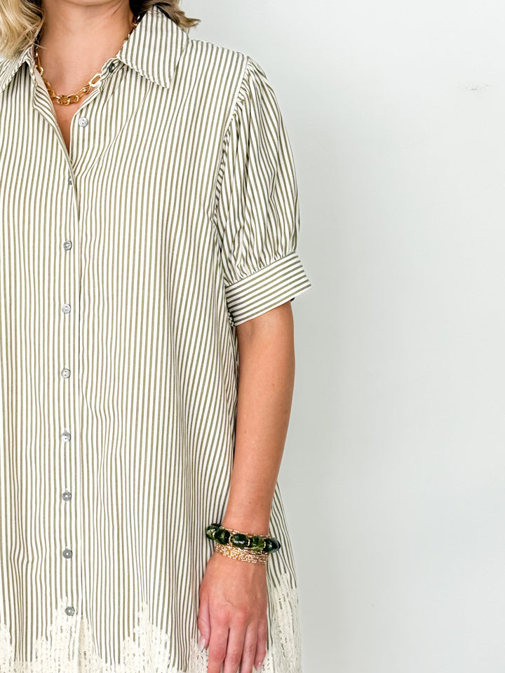 Mandi - Olive Striped Dress w/ Lace Trim