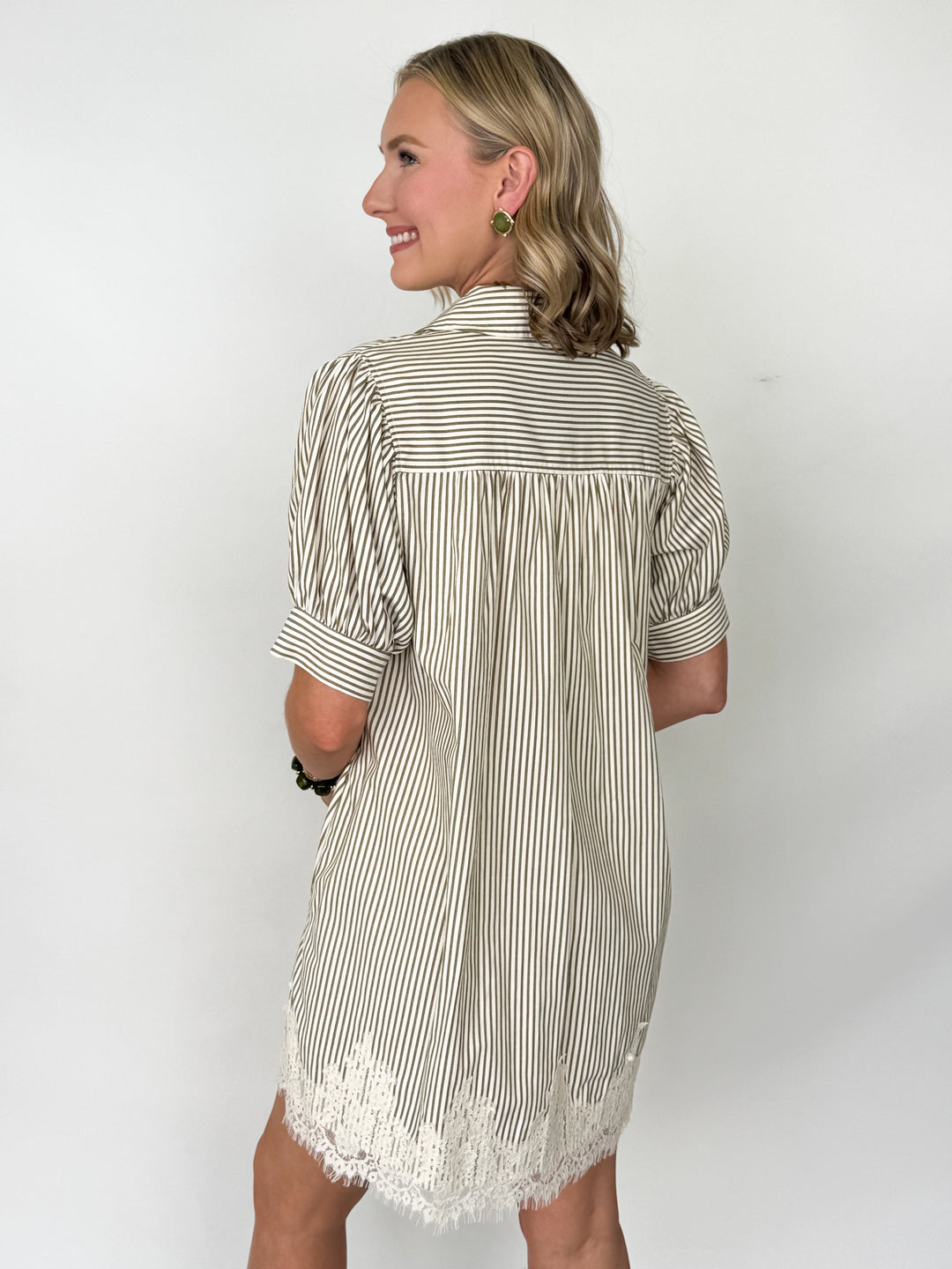 Mandi - Olive Striped Dress w/ Lace Trim
