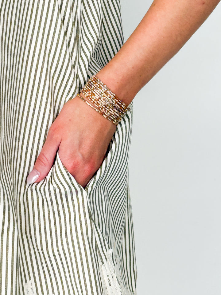 Mandi - Olive Striped Dress w/ Lace Trim