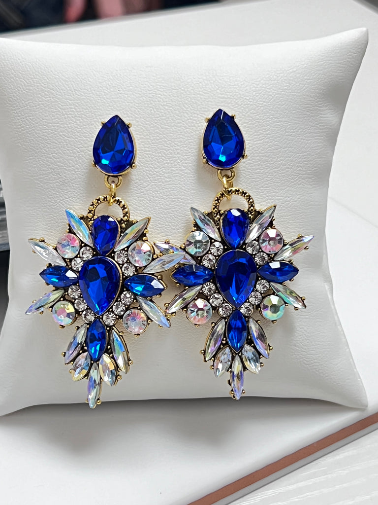 Jasmine - Rhinestone Statement Earrings (Royal Blue Iridescent)
