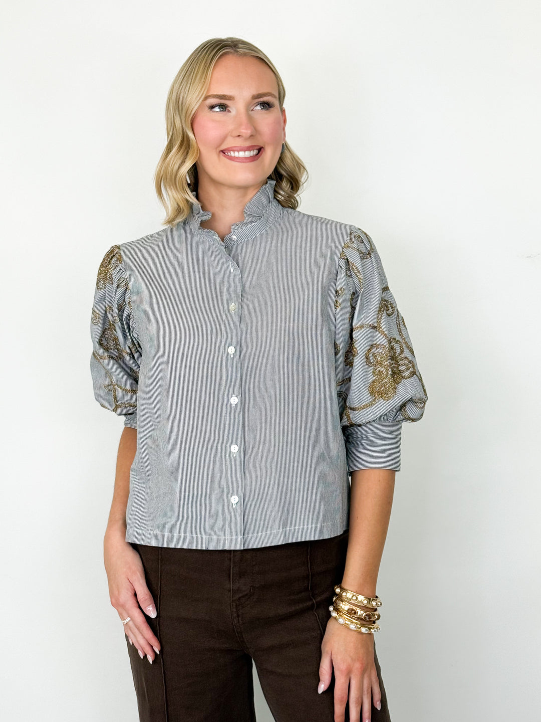 Jaelyn - Ruffle Neck Embroidered Sleeve Blouse