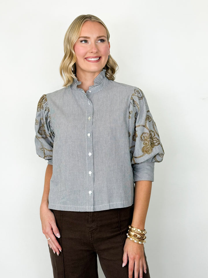 Jaelyn - Ruffle Neck Embroidered Sleeve Blouse