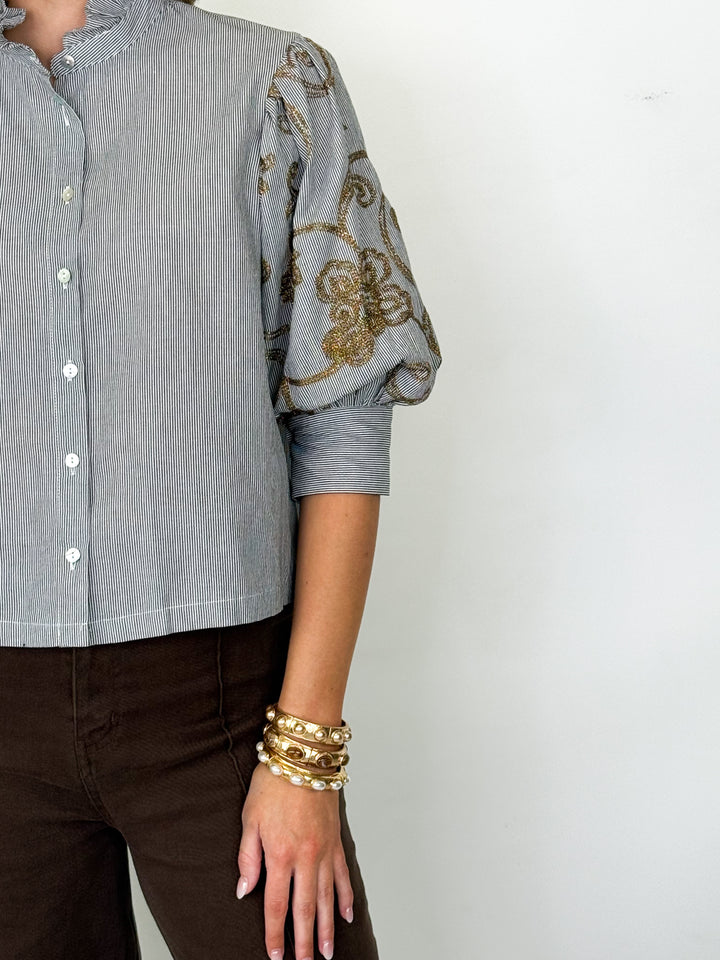 Jaelyn - Ruffle Neck Embroidered Sleeve Blouse