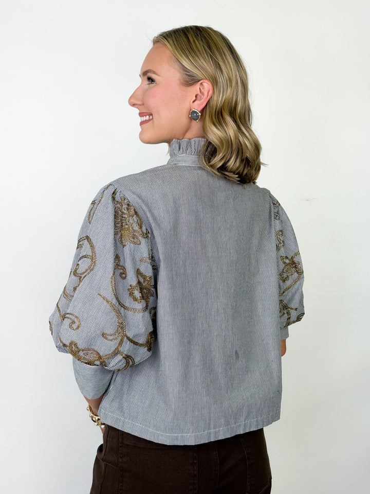 Jaelyn - Ruffle Neck Embroidered Sleeve Blouse