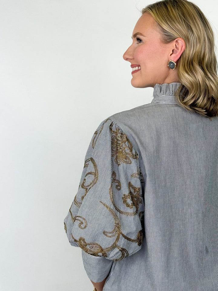 Jaelyn - Ruffle Neck Embroidered Sleeve Blouse
