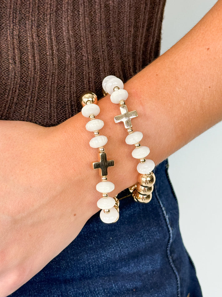 Candy Bead Bracelet with Cross Accents (White)