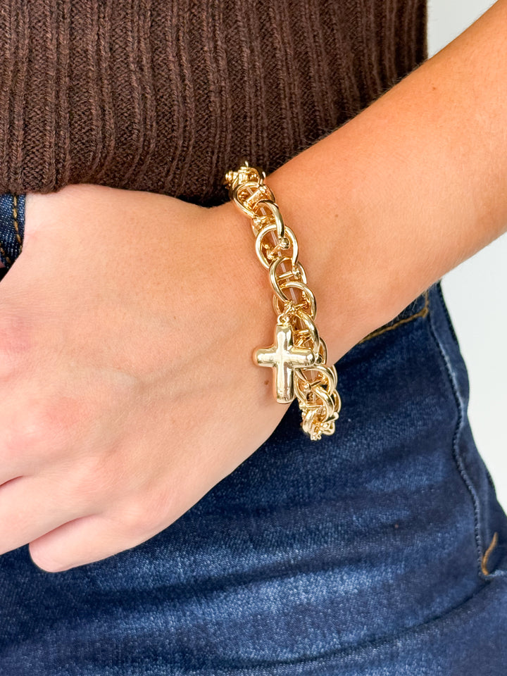 Gold Link Bracelet with Cross Charm