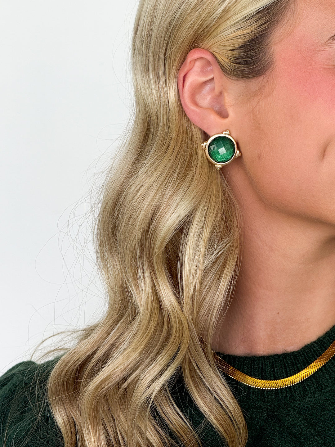 Faceted Gemstone Stud Earring (Emerald)