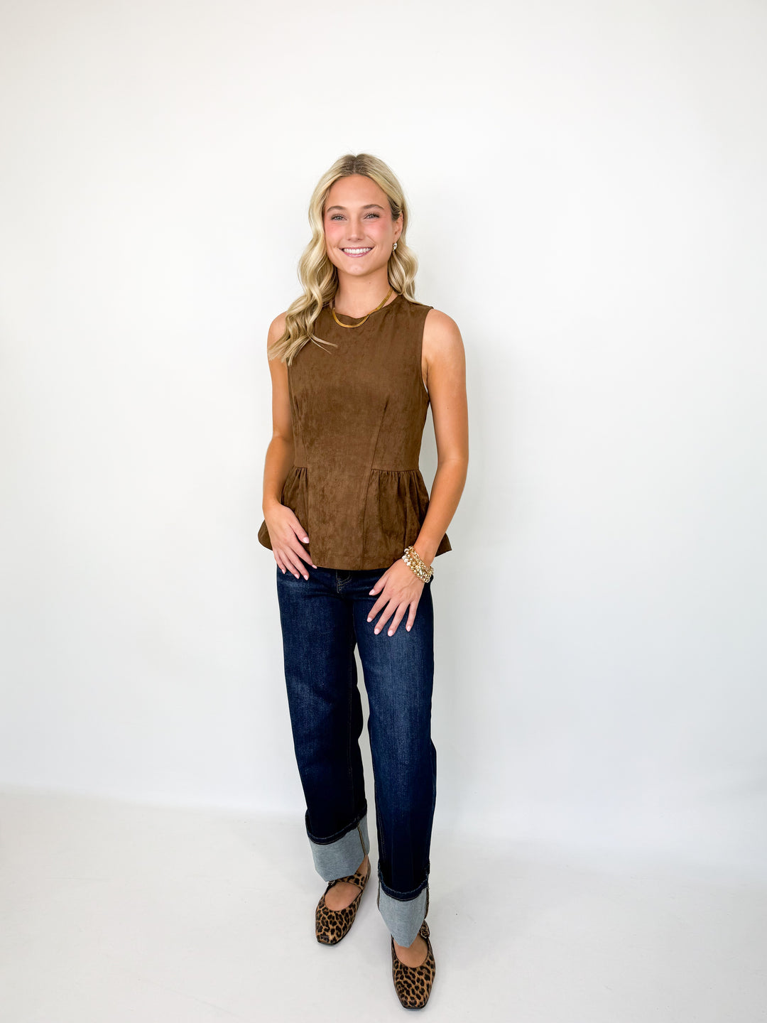 Tessa - Sleeveless Peplum Top (Brown)
