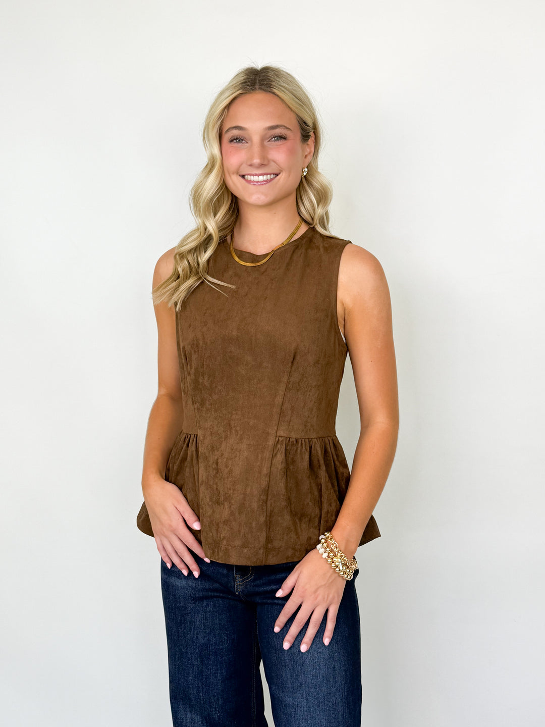 Tessa - Sleeveless Peplum Top (Brown)