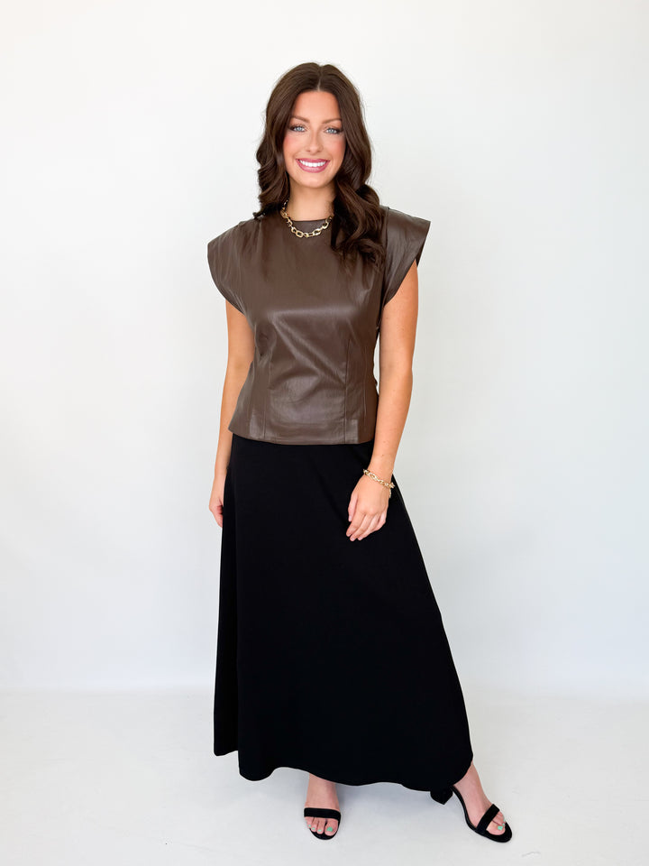 Ava - Faux Leather Shoulder Pleat Blouse (Brown)