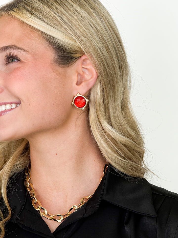 Faceted Gemstone Stud Earring (Red)