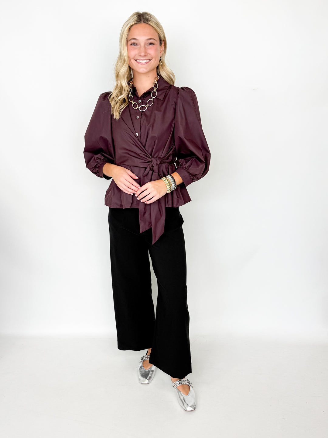 Ruthie - Brown Surplice Peplum Blouse