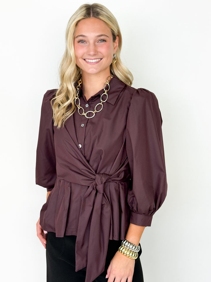 Ruthie - Brown Surplice Peplum Blouse