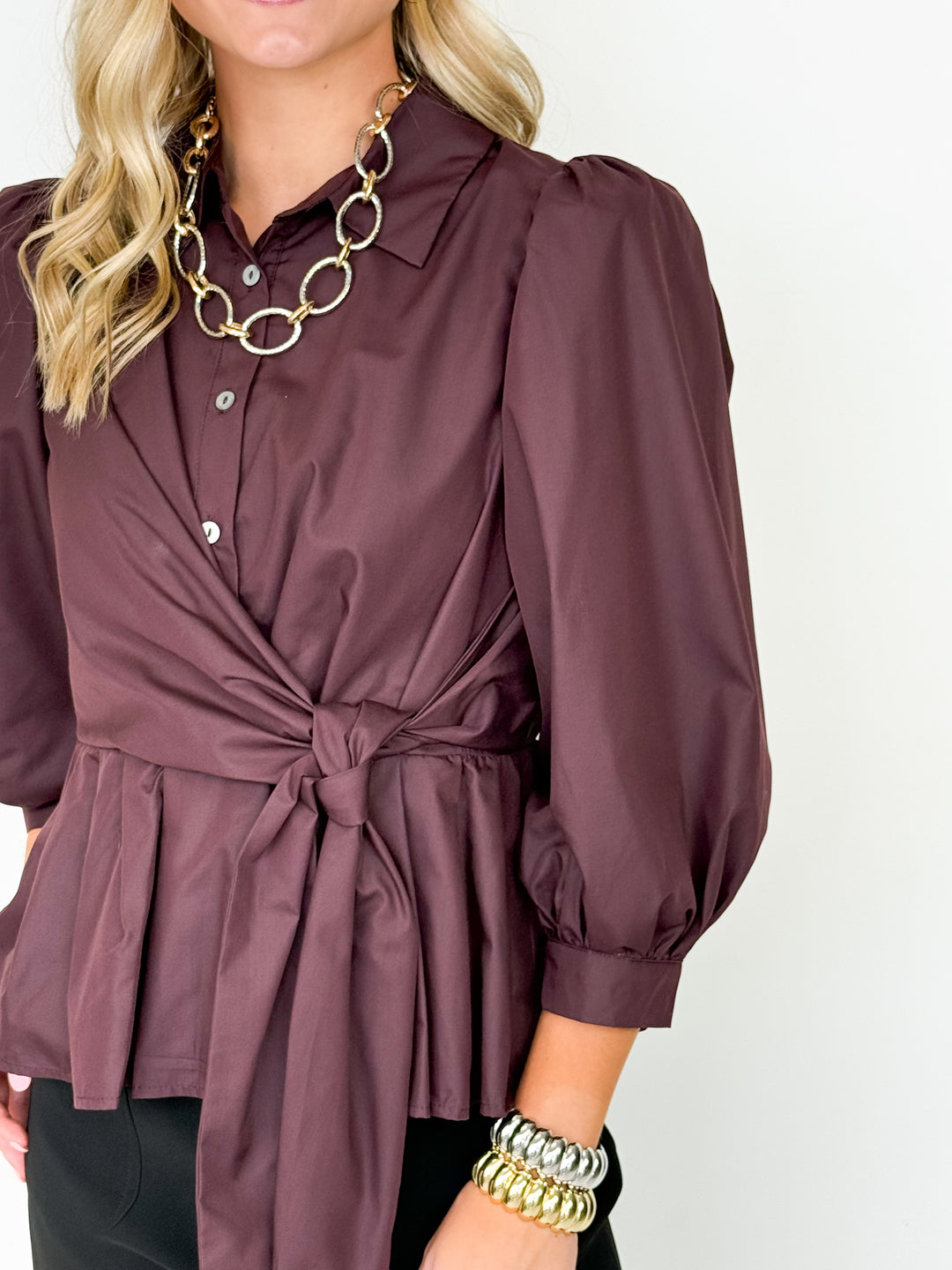 Ruthie - Brown Surplice Peplum Blouse