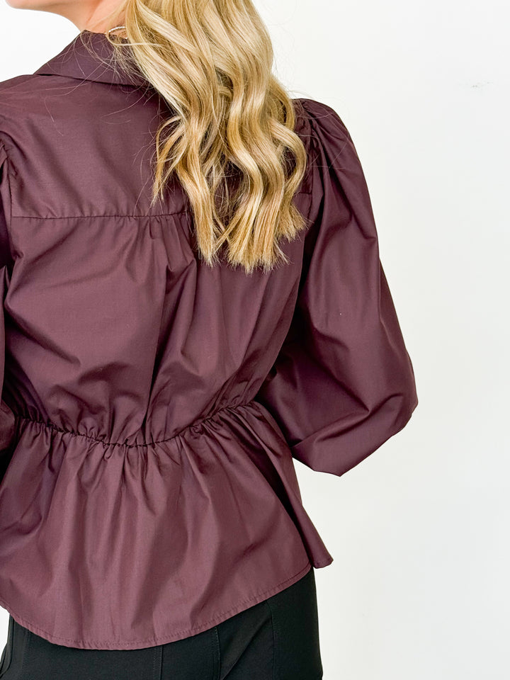 Ruthie - Brown Surplice Peplum Blouse