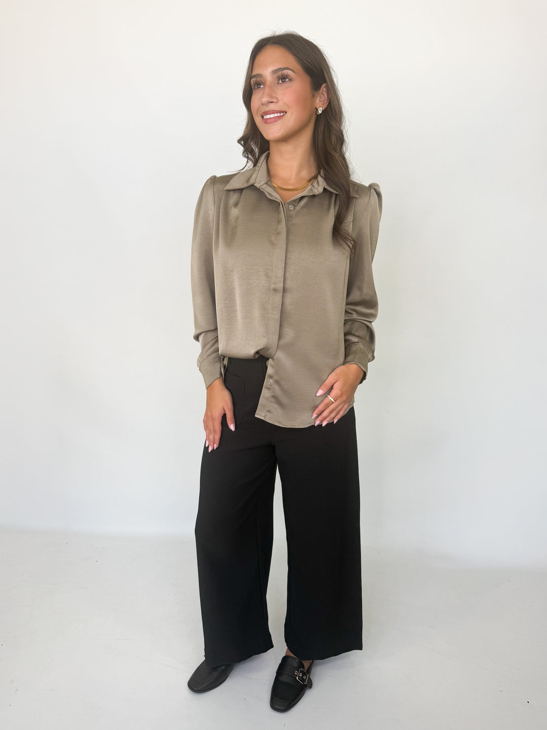 Margaux - Silk Button Down Blouse (Olive Grey)