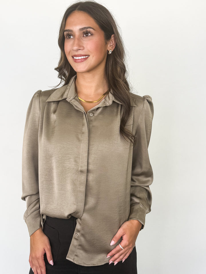 Margaux - Silk Button Down Blouse (Olive Grey)