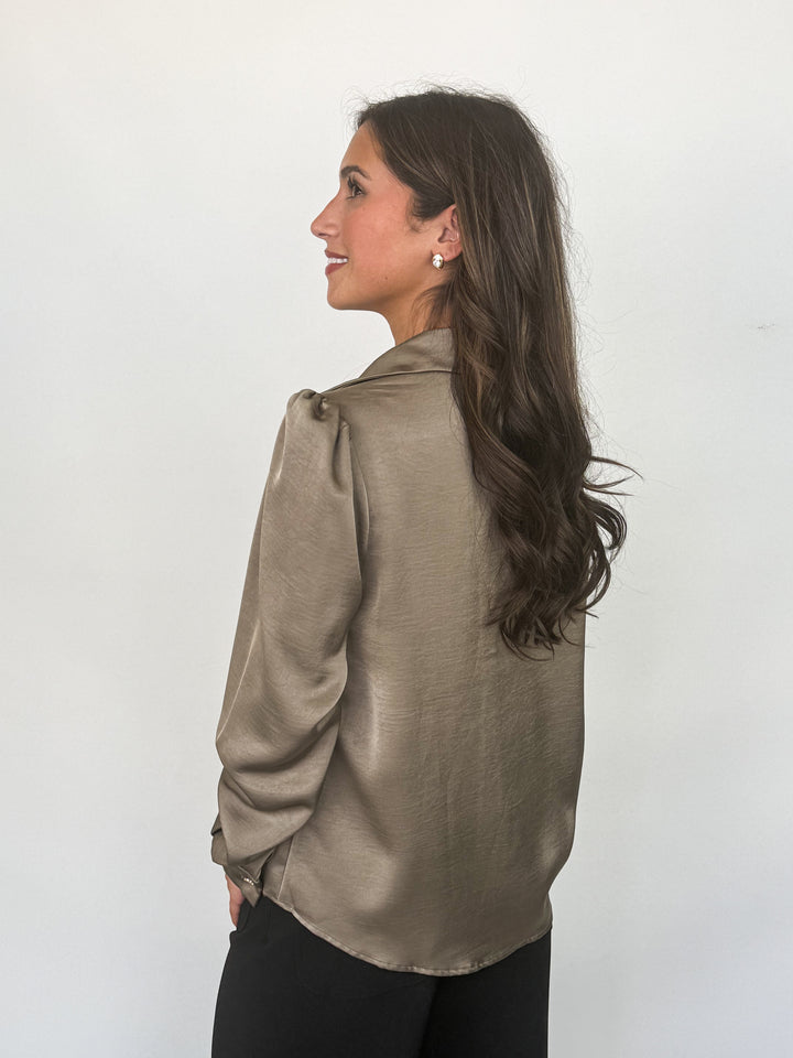Margaux - Silk Button Down Blouse (Olive Grey)
