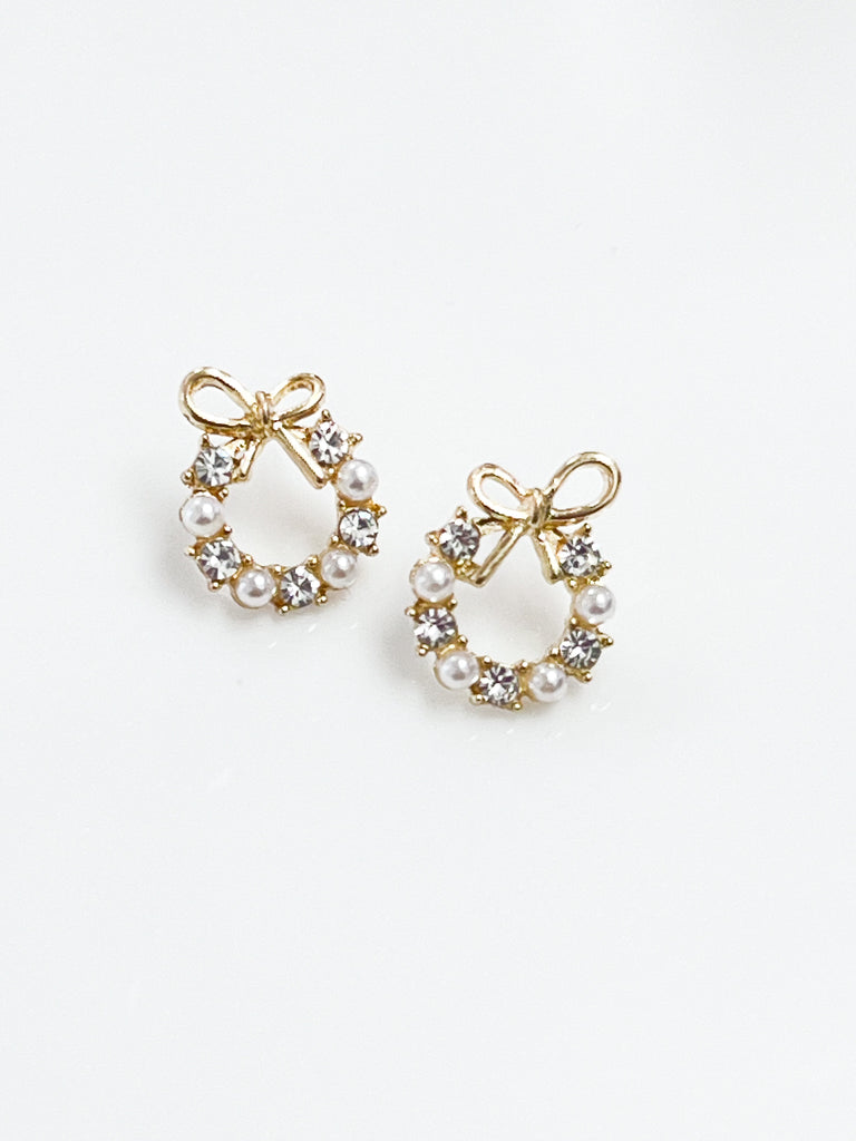 Paulina - Rhinestone & Pearl Stud Earrings w/ Bow