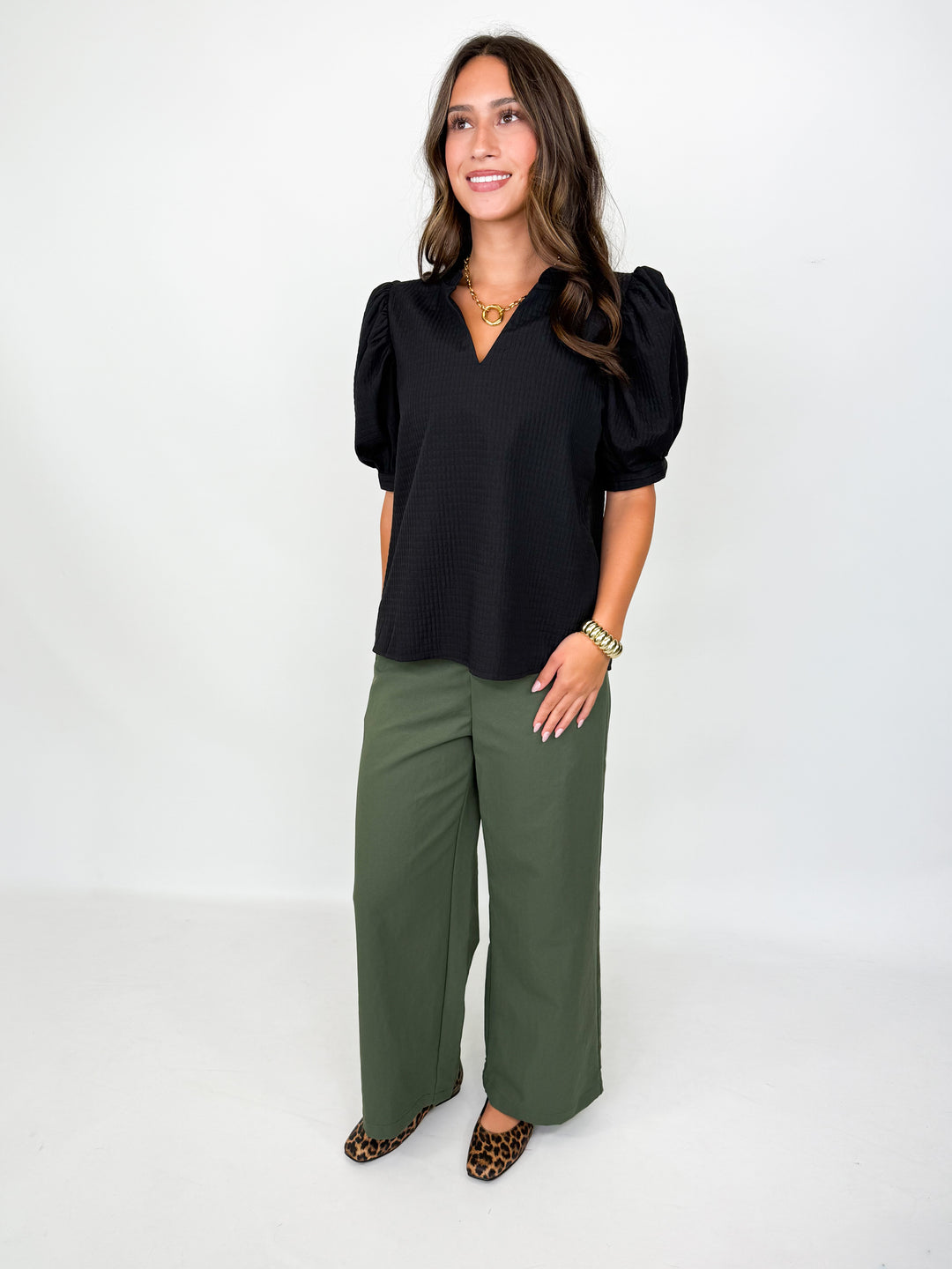 Julie - Black Puff Sleeve V-Neck Blouse