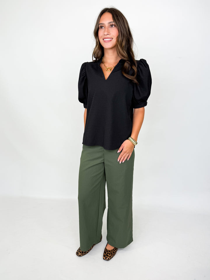 Julie - Black Puff Sleeve V-Neck Blouse