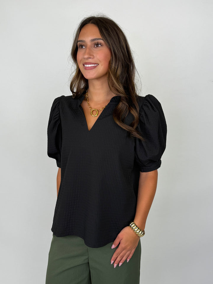 Julie - Black Puff Sleeve V-Neck Blouse