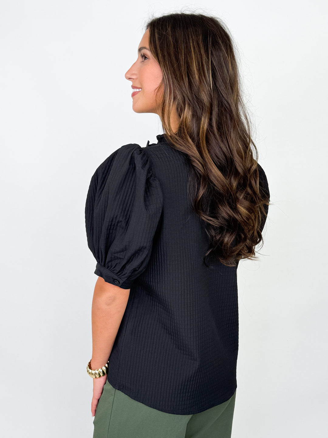 Julie - Black Puff Sleeve V-Neck Blouse