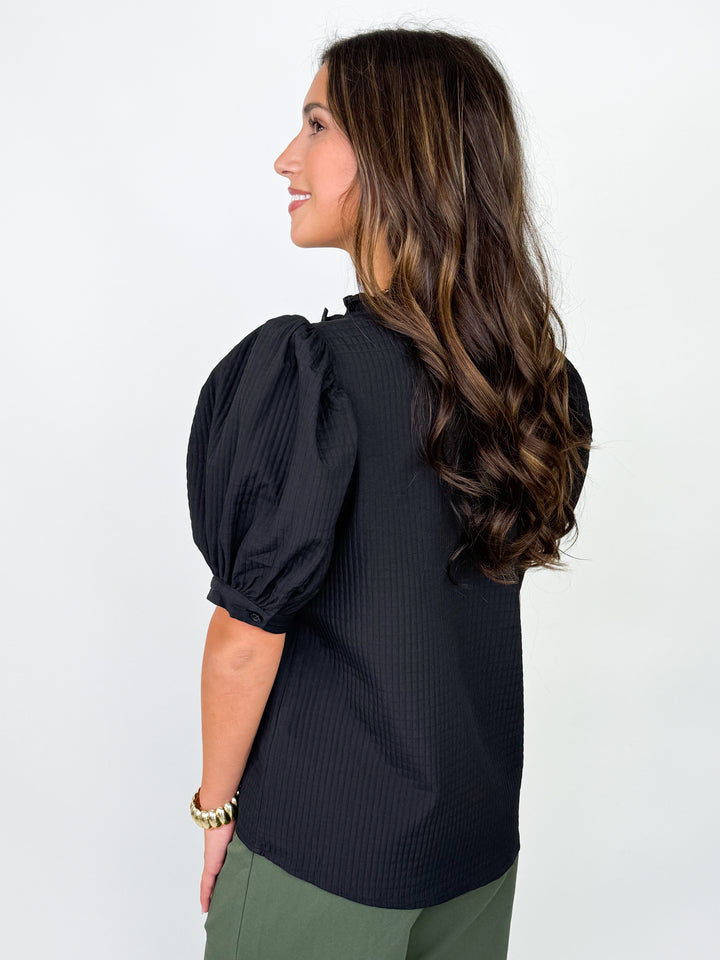Julie - Black Puff Sleeve V-Neck Blouse