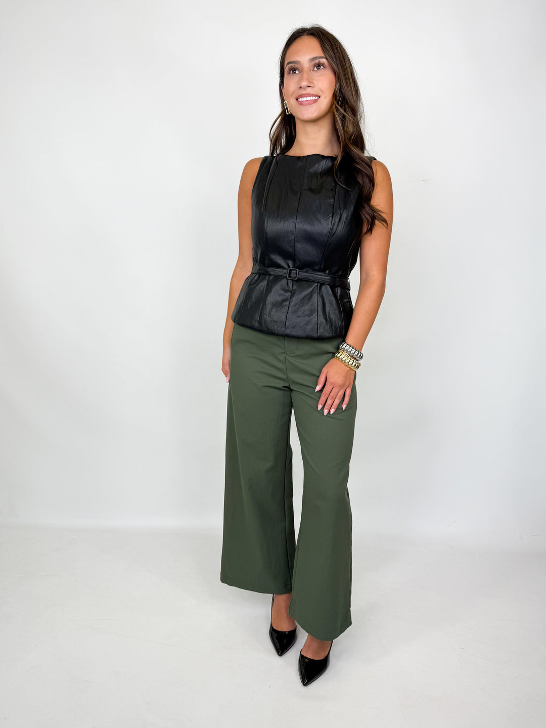 Lennox - Black Faux Leather Belted Top