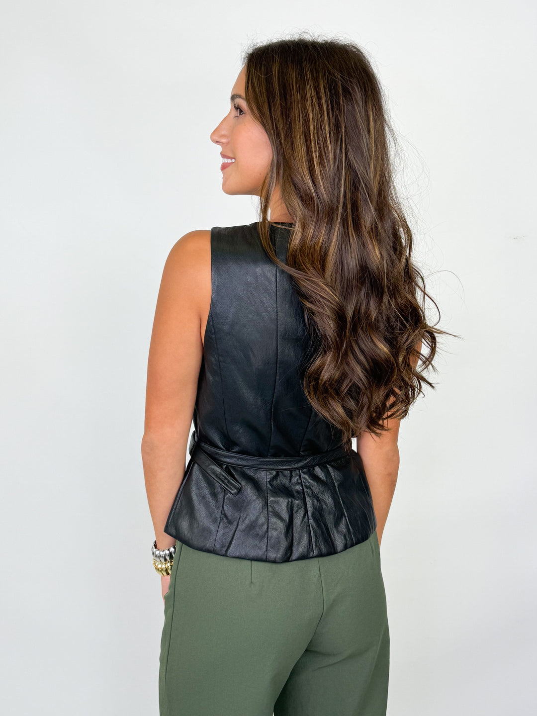 Lennox - Black Faux Leather Belted Top