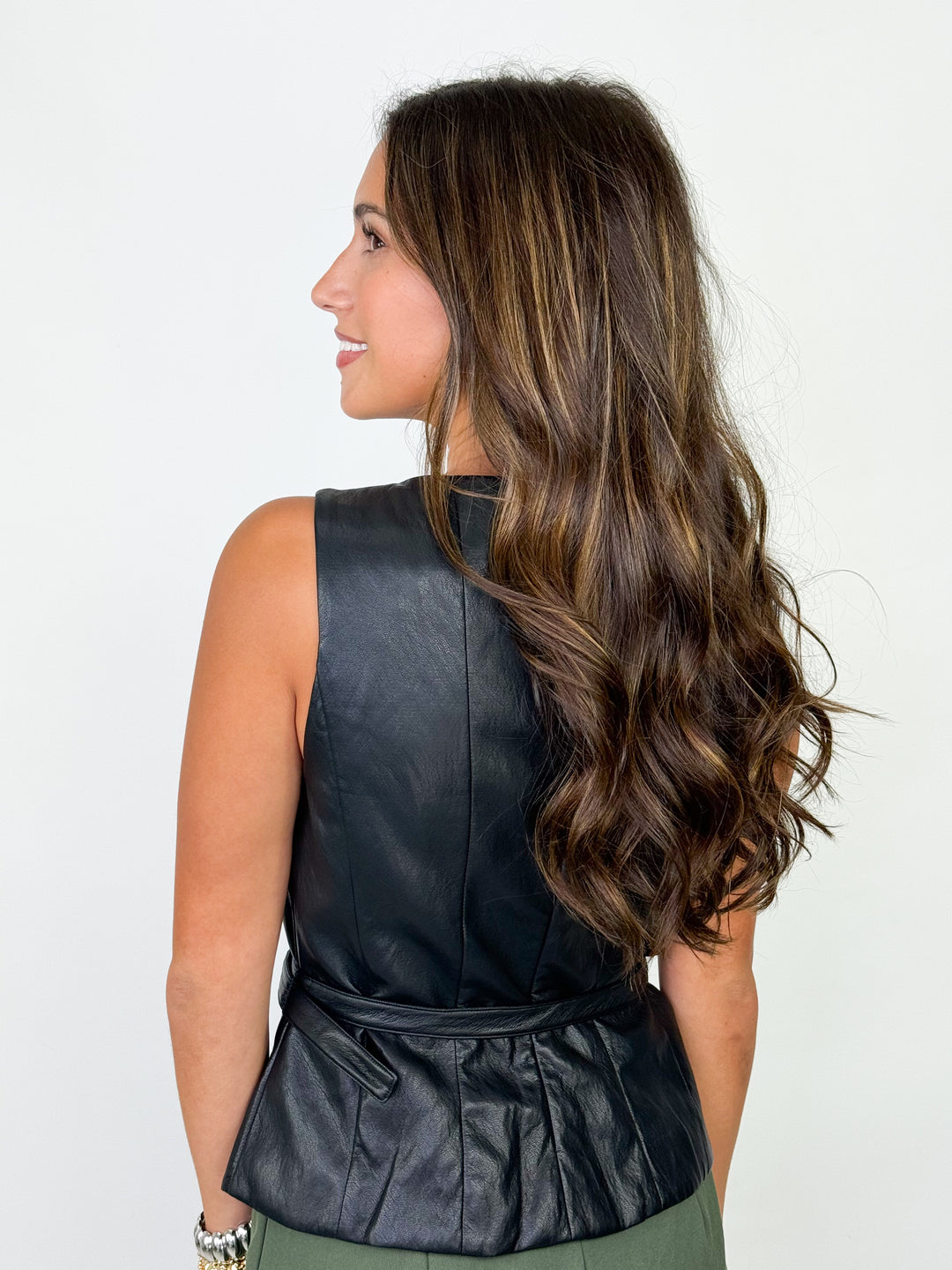 Lennox - Black Faux Leather Belted Top