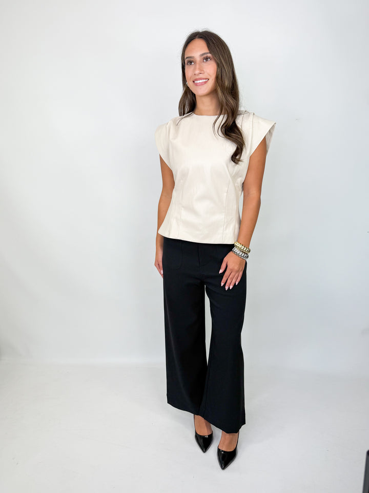 Ava - Faux Leather Shoulder Pleat Blouse (Cream)