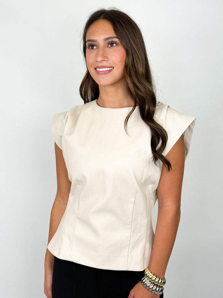 Ava - Faux Leather Shoulder Pleat Blouse (Cream)