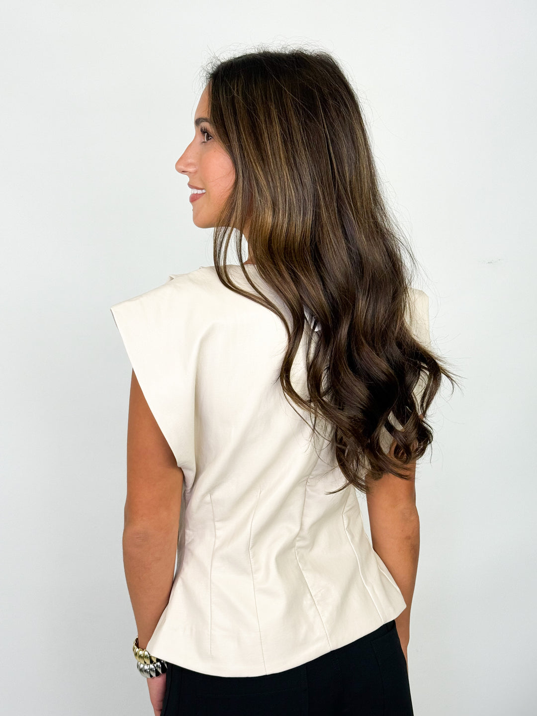 Ava - Faux Leather Shoulder Pleat Blouse (Cream)