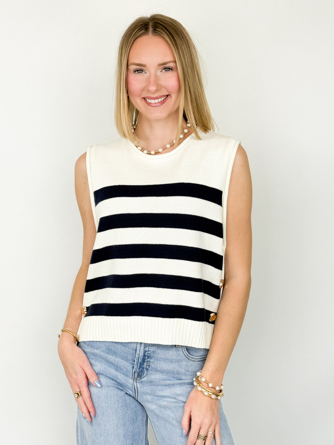 Sereia - Button Detail Striped Sweater (Navy)